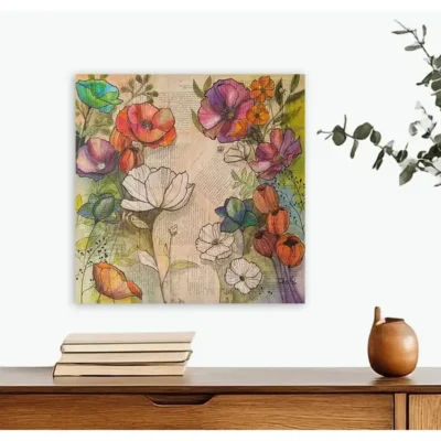 Tableau original de l'artiste peintre française CheNel. Tableau technique mixte. Encre et dessin encré sur papiers collés. Le tableau "Fleur à l'encre", format 49.5 x 49.5 représente des fleurs bleues, rouges, blanches, violettes, oranges. Style graphique.