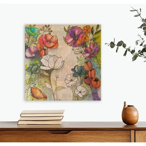 Tableau original de l'artiste peintre française CheNel. Tableau technique mixte. Encre et dessin encré sur papiers collés. Le tableau "Fleur à l'encre", format 49.5 x 49.5 représente des fleurs bleues, rouges, blanches, violettes, oranges. Style graphique.
