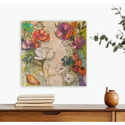 Tableau original de l'artiste peintre française CheNel. Tableau technique mixte. Encre et dessin encré sur papiers collés. Le tableau "Fleur à l'encre", format 49.5 x 49.5 représente des fleurs bleues, rouges, blanches, violettes, oranges. Style graphique.