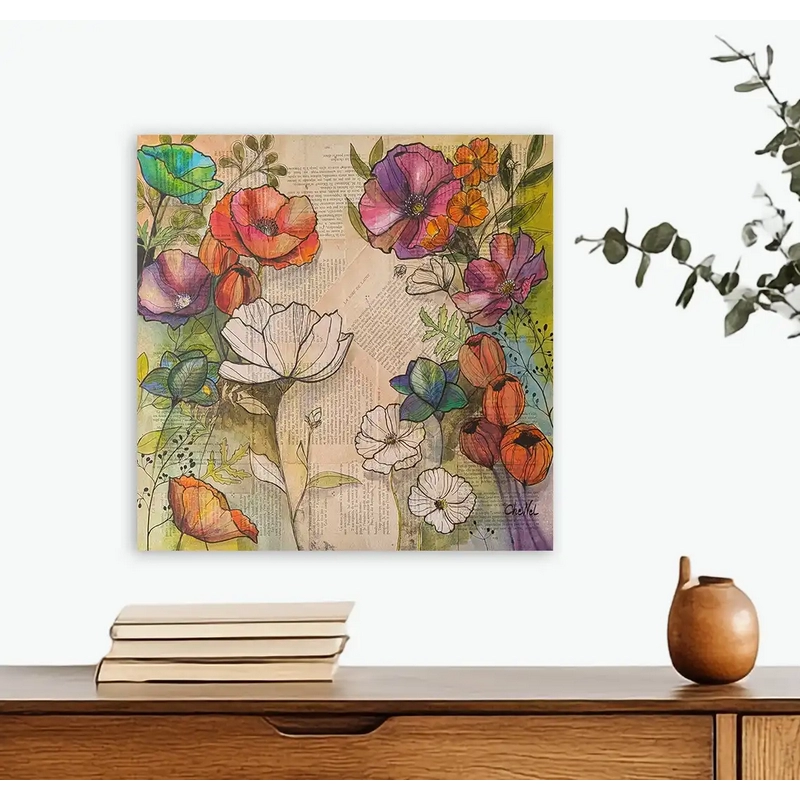 Tableau original de l'artiste peintre française CheNel. Tableau technique mixte. Encre et dessin encré sur papiers collés. Le tableau "Fleur à l'encre", format 49.5 x 49.5 représente des fleurs bleues, rouges, blanches, violettes, oranges. Style graphique.