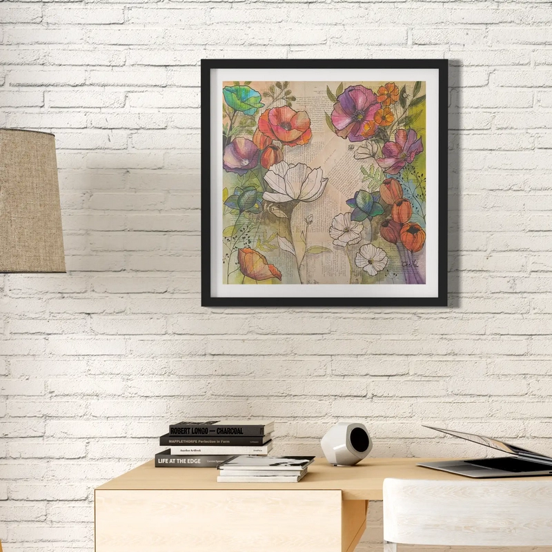 Tableau original de l'artiste peintre française CheNel. Tableau technique mixte. Encre et dessin encré sur papiers collés. Le tableau "Fleur à l'encre", format 49.5 x 49.5 représente des fleurs bleues, rouges, blanches, violettes, oranges. Style graphique.