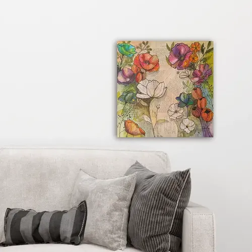 Tableau original de l'artiste peintre française CheNel. Tableau technique mixte. Encre et dessin encré sur papiers collés. Le tableau "Fleur à l'encre", format 49.5 x 49.5 représente des fleurs bleues, rouges, blanches, violettes, oranges. Style graphique.