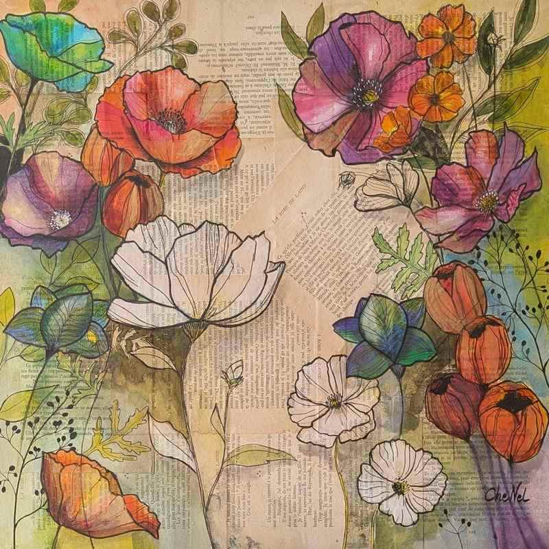 Tableau original de l'artiste peintre française CheNel. Tableau technique mixte. Encre et dessin encré sur papiers collés. Le tableau "Fleur à l'encre", format 49.5 x 49.5 représente des fleurs bleues, rouges, blanches, violettes, oranges. Style graphique.