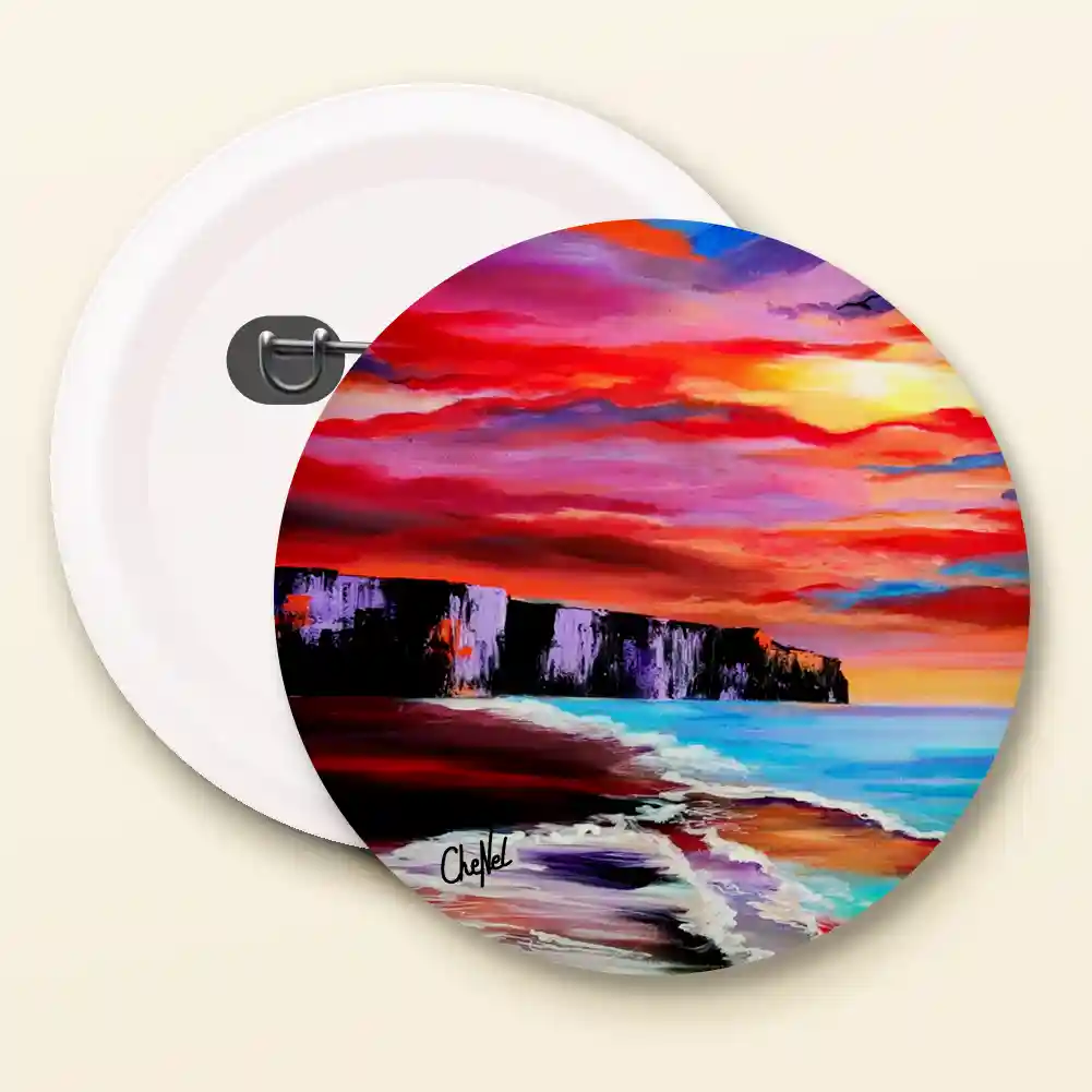 Badge broche 44 mm reproduction d'un tableau de CheNel représentant un coucher de soleil sur les Falaises d'Etretat, vues de face et dos, badges / pins / broches