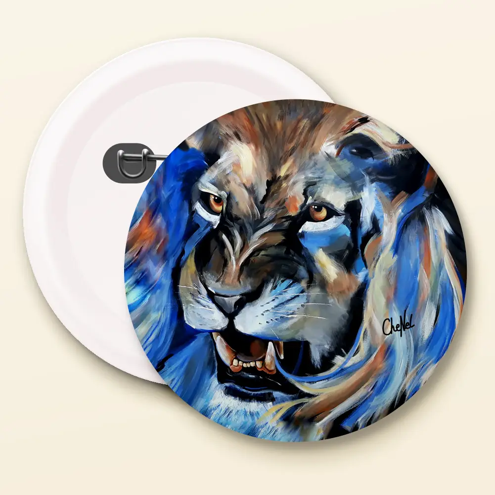Badge broche 44 mm reproduction du tableau de CheNel d'une tête de lion, vues de face et dos, badges / pins / broches